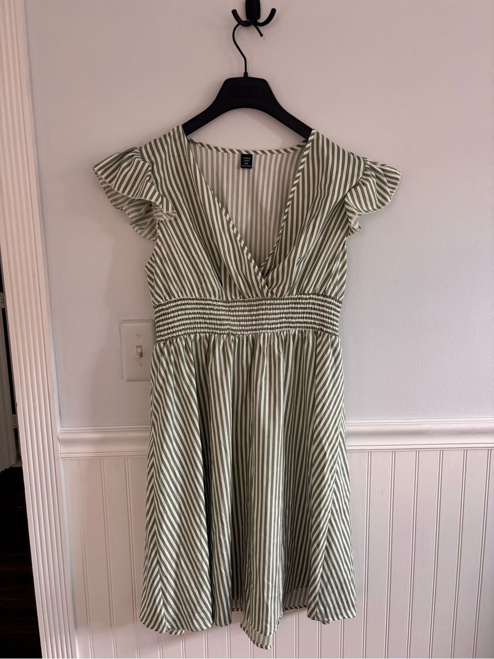 SHEIN Sage Green and White Striped V-Neck Smocked Waist Dress